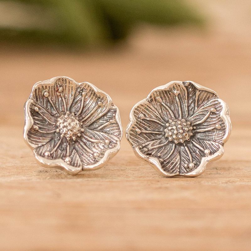 Wildflower Sterling Silver Button Earrings, "Wayside Blossom"