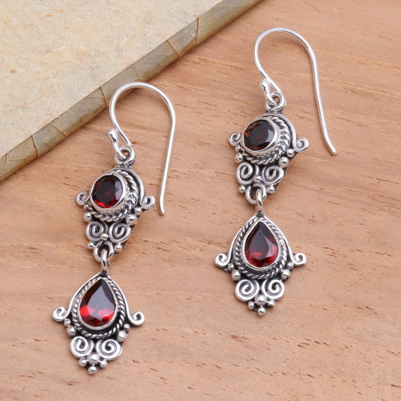 Hand Crafted Garnet Dangle Earrings, "Traditional Ways"