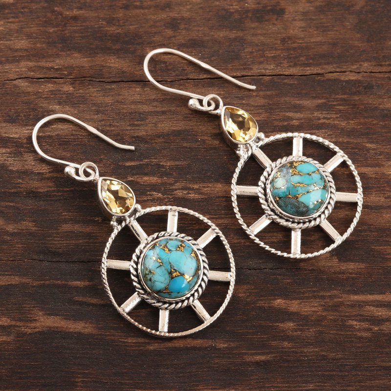Wheel-Shaped Citrine and Composite Turquoise Earrings, "Wheel in the Sky"