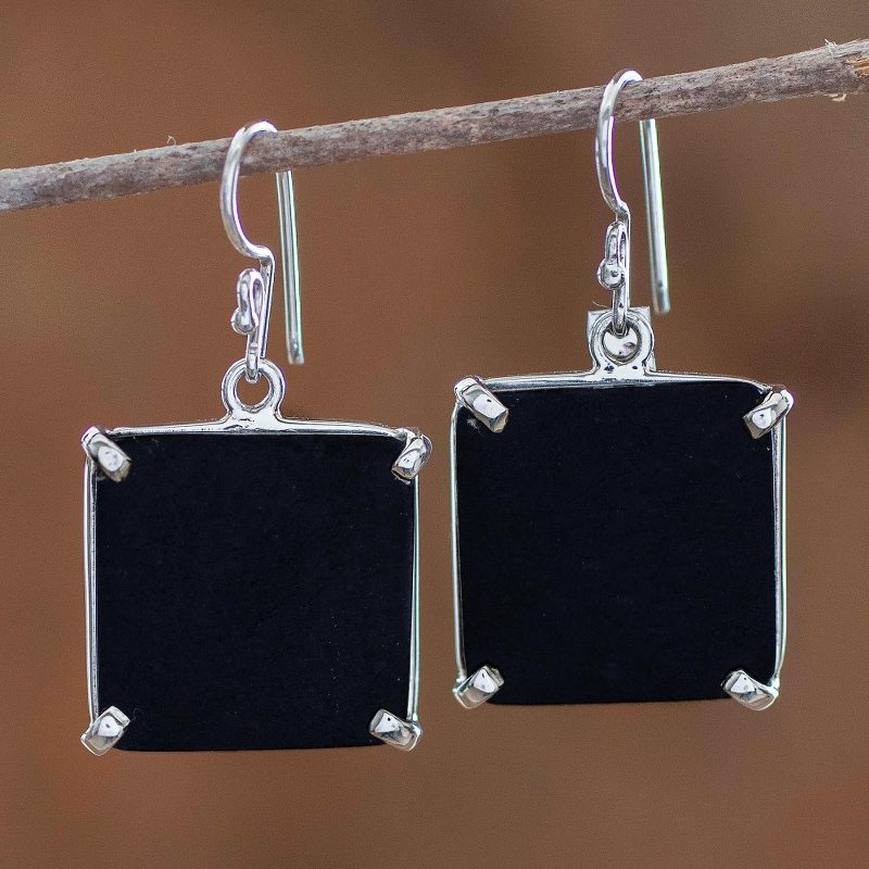 Square Cut Black Jade and Silver Earrings from Guatemala, "Black Abstractions"