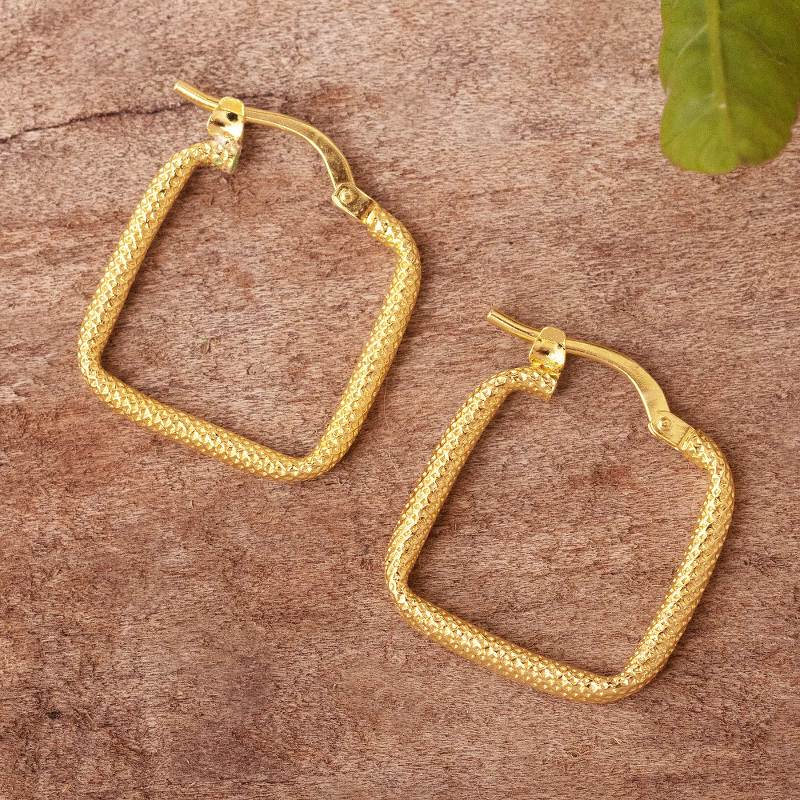 18k Gold Plated Hoop Earrings, "Diamond Squares"