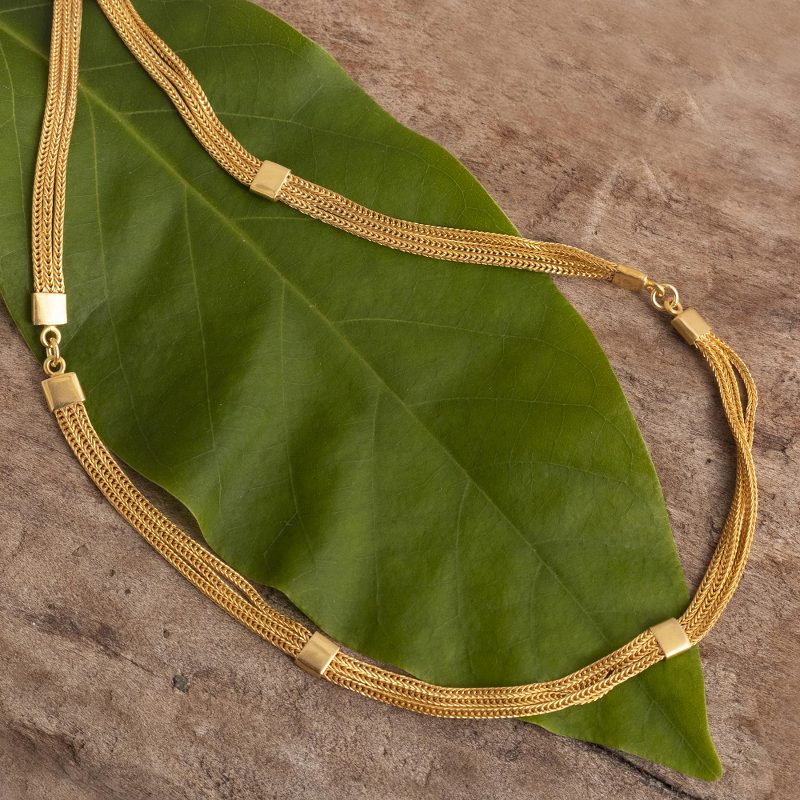 21K Gold Plated Silver Necklace of Three Linked Chains, "Bound Chains"