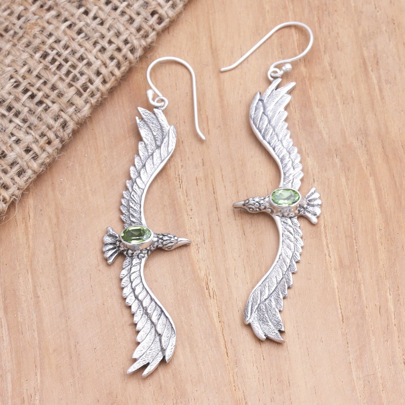 Peridot Eagle-Motif Dangle Earrings from Bali, "Green Eagle"