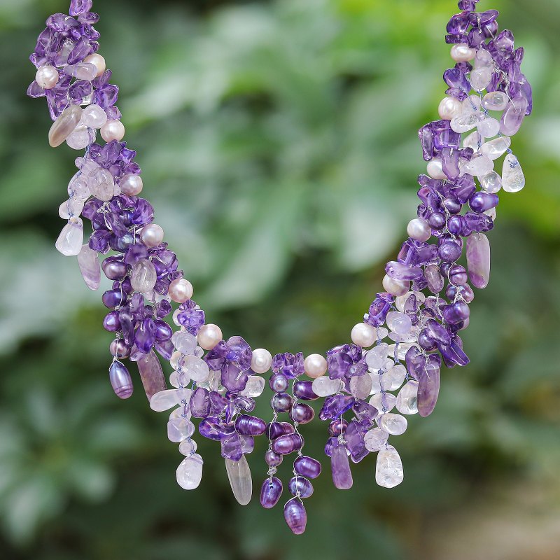 Thai Cultured Pearl and Amethyst Waterfall Necklace, "Lavender Ocean"