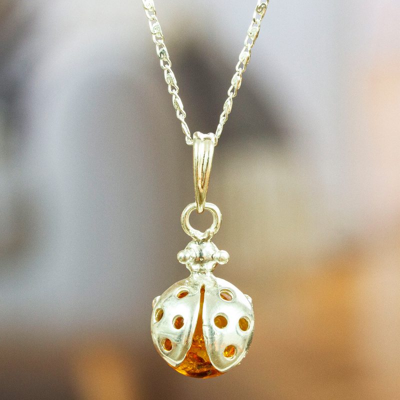 925 Sterling Silver and Amber Pendant Necklace from Mexico, "Bright Ladybug"