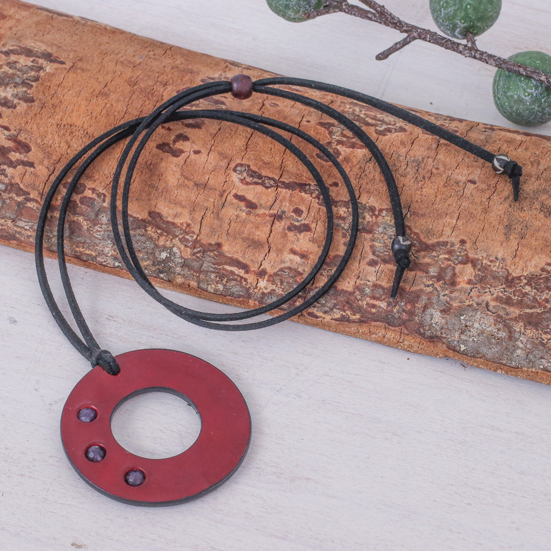 Thai Amethyst and Red Leather Pendant Necklace, "Red Lucky Ring"