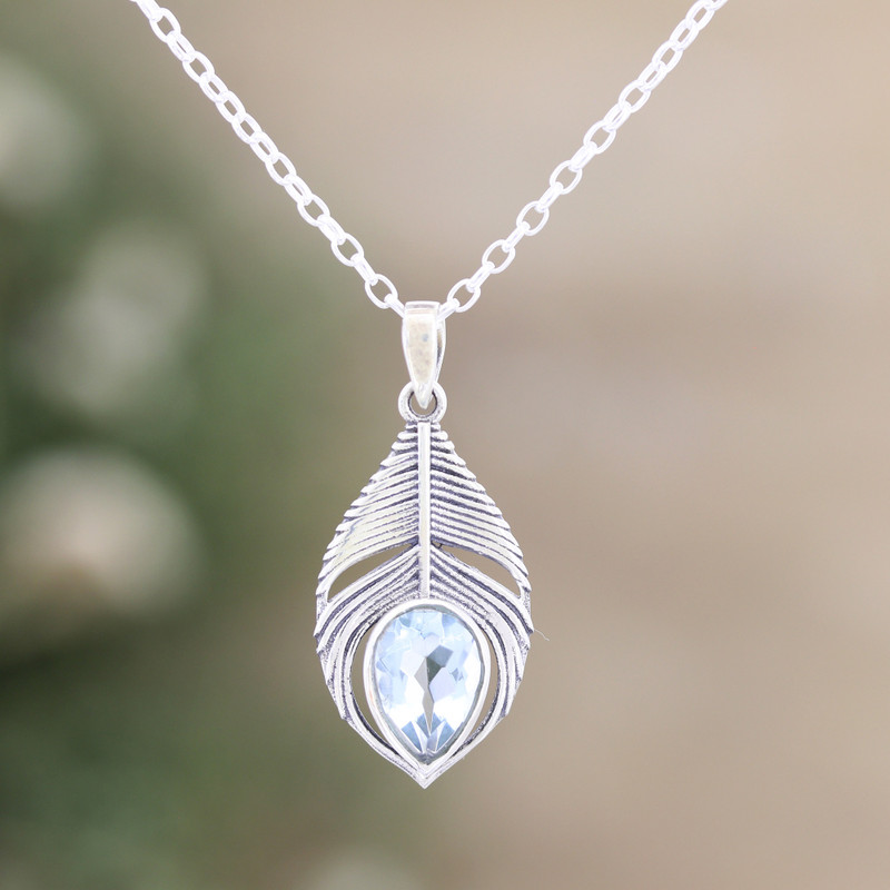 Three-Carat Blue Topaz Feather Pendant Necklace from India, "Radiant Freedom"