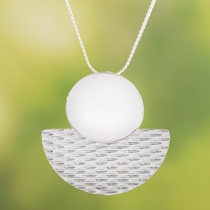 Sterling Silver Geometric Pendant Necklace Crafted in Peru, "Moon Reflection"