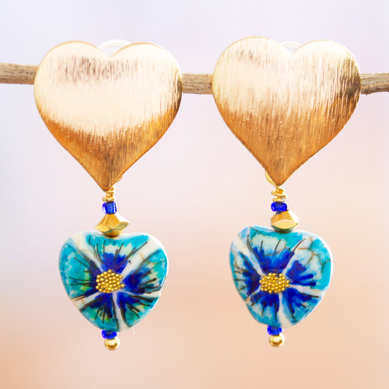 14k Gold-Plated Dangle Earrings with Hand-Painted Flowers, "Floral Intuition"