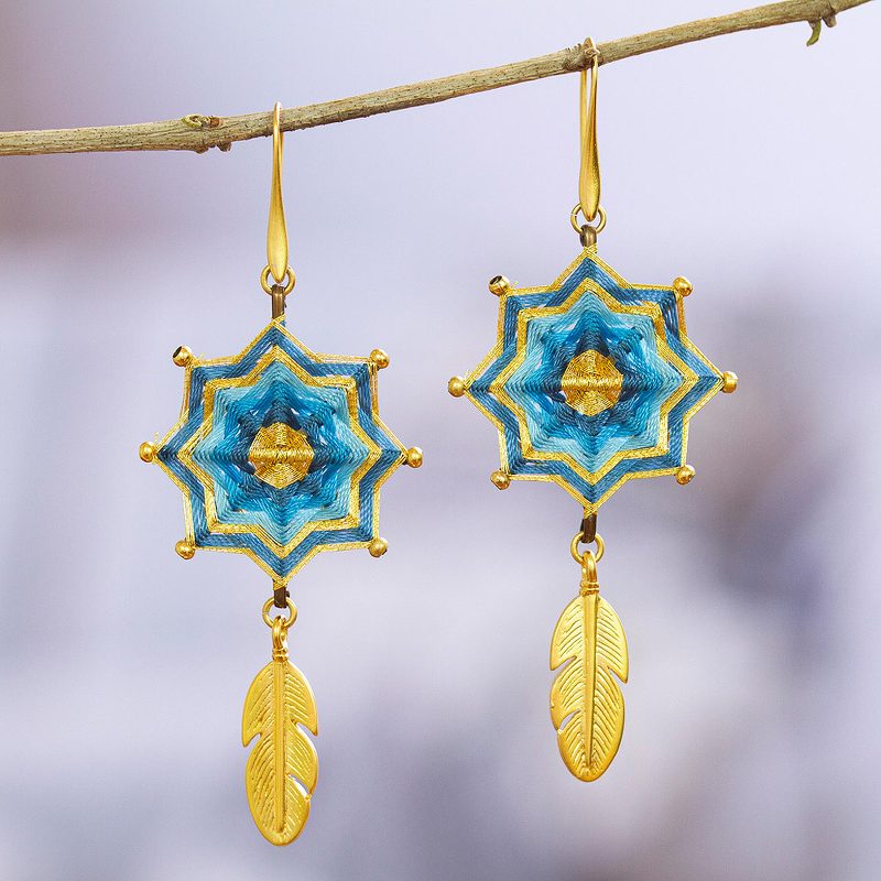 18k Gold-Plated Dangle Earrings with Handwoven Design, "Oneiric Plumage"