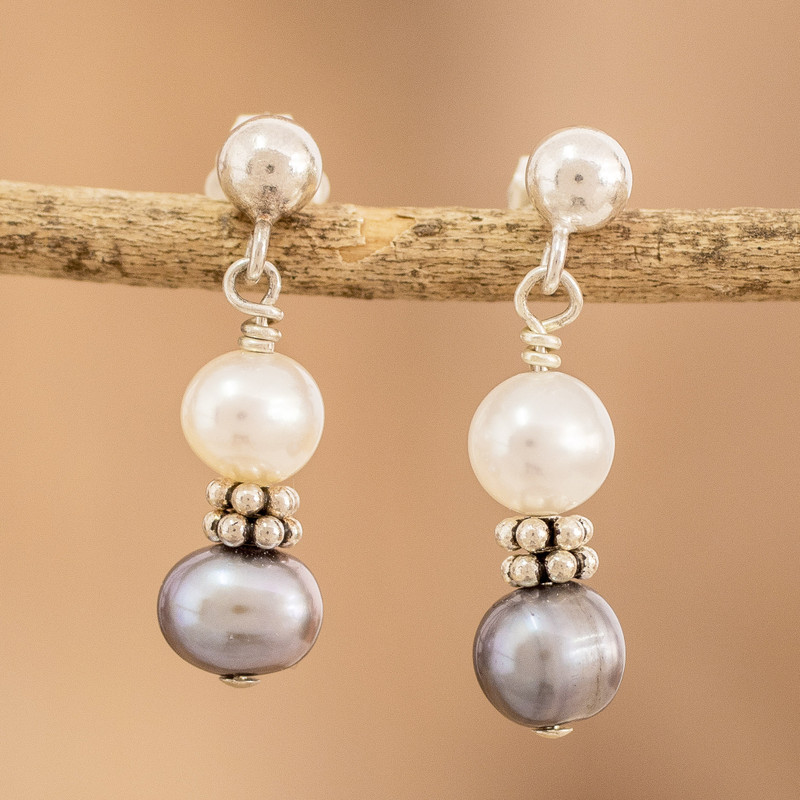 White and Grey Cultured Pearl Dangle Earrings, "Marine Meditations"