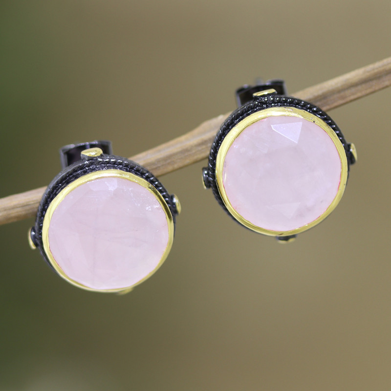 18k Gold-Accented Button Earrings with Natural Rose Quartz, "Love Mirrors"