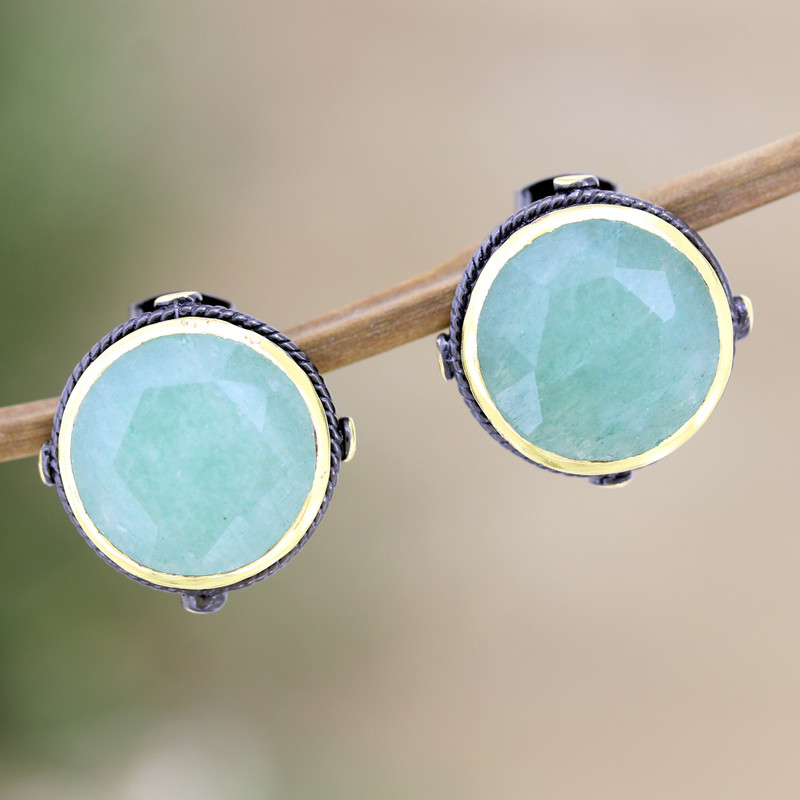 18k Gold-Accented Button Earrings with Natural Aventurine, "Leadership Mirrors"