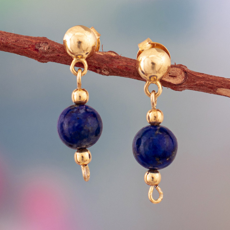 18k Gold-Plated Dangle Earrings with Lapis Lazuli Stone, "Deep Blue"