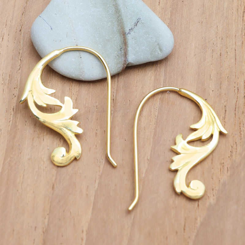 18k Gold-Plated Brass Drop Earrings with Leafy Details, "Fairy Magic"