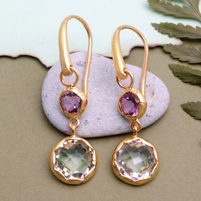 18k Gold-Plated Dangle Earrings with Amethyst and Prasiolite, "Quiet Magic"