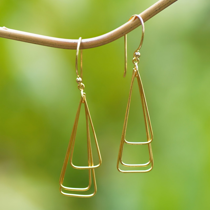 18k Gold-Plated Brass Triangle Dangle Earrings from Bali, "Pyramid Queen"