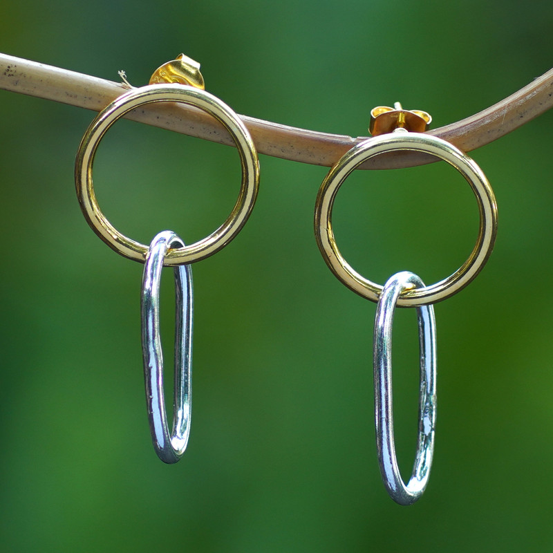 18k Gold-Accented Geometric Dangle Earrings from Bali, "Golden Bonds"