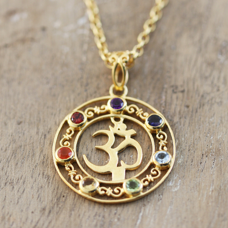 22k Gold-Plated Om Pendant Necklace with Multiple Gemstones, "Om Divinity"