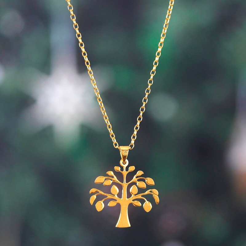 22k Gold-Plated Tree Pendant Necklace Crafted in India, "Golden Kalpvriksh Tree"