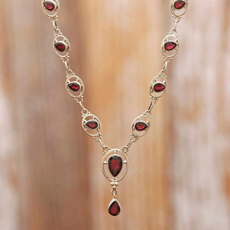 13-Carat Pear-Shaped Natural Garnet Y-Necklace from India, "Passion Soirée"