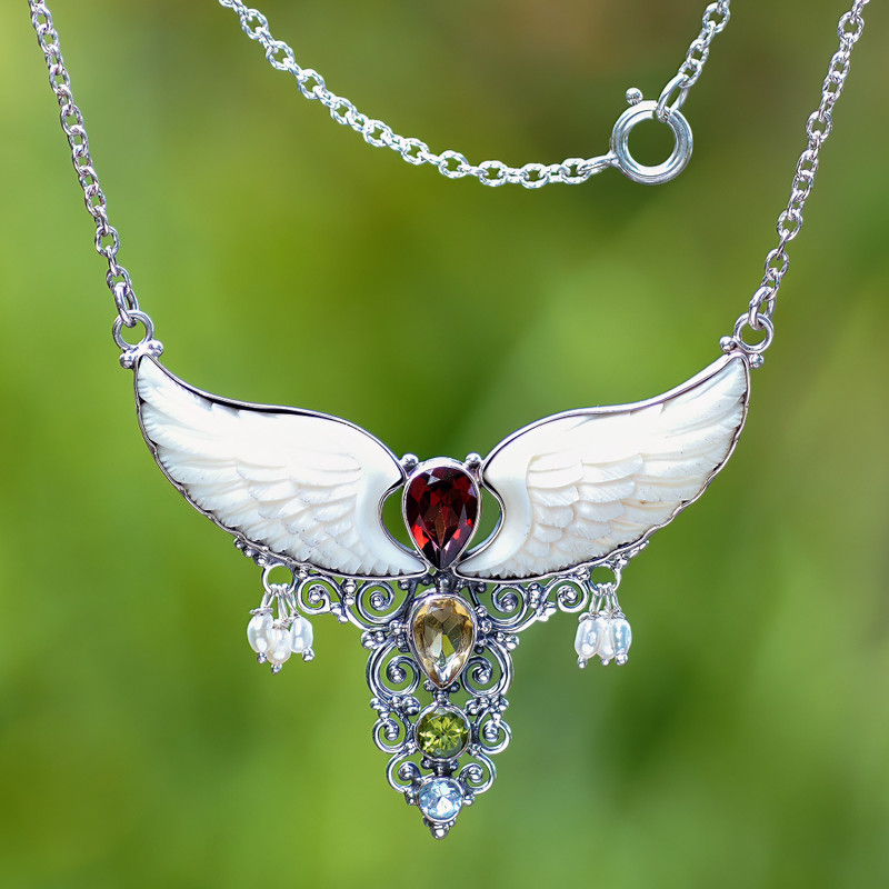Wing-Themed Multi-Gemstone Pendant Necklace from Bali, "Nocturnal Aura"