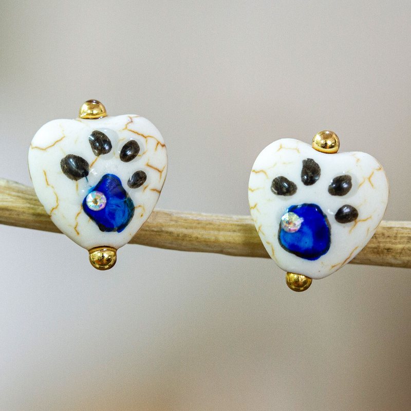14k Gold-Accented Cyan Heart-Shaped Howlite Stud Earrings, "Cyan Paws"