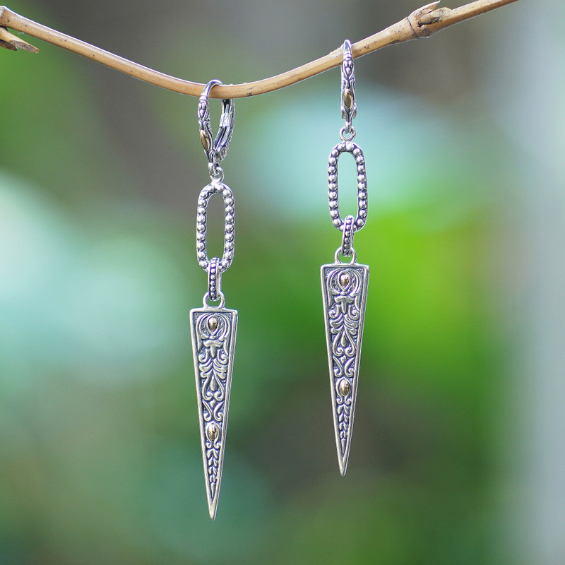 18k Gold-Accented Dangle Earrings with Traditional Motifs, "Gianyar Pyramids"