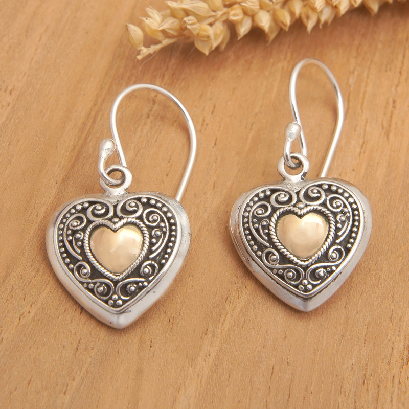 18k Gold-Accented Heart-Shaped Dangle Earrings from Bali, "Signs of Love"