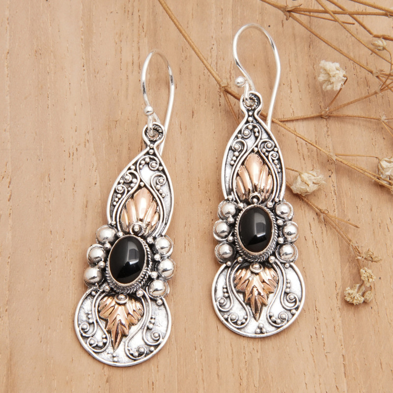 18k Gold-Accented Dangle Earrings with Onyx Cabochons, "Flaming Protection"