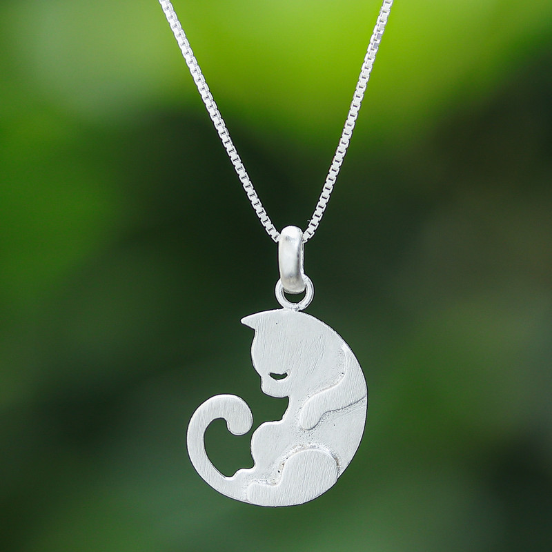 925 Silver Cat Pendant Necklace with Brushed-Satin Finish, "Lazy Cat"
