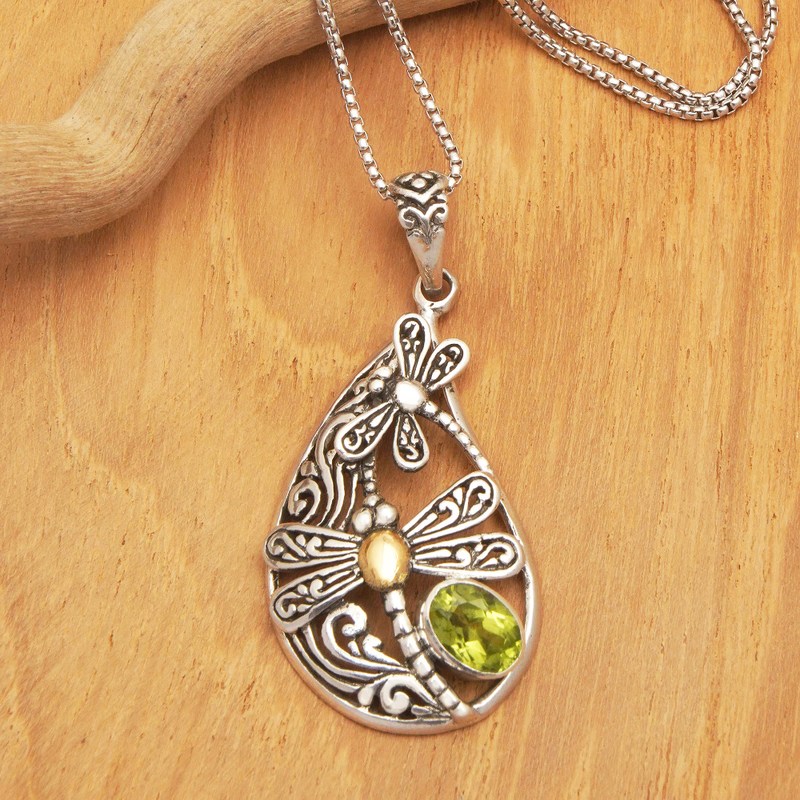 18k Gold-Accented Dragonfly Pendant Necklace with Peridot, "Lucky Transformation"