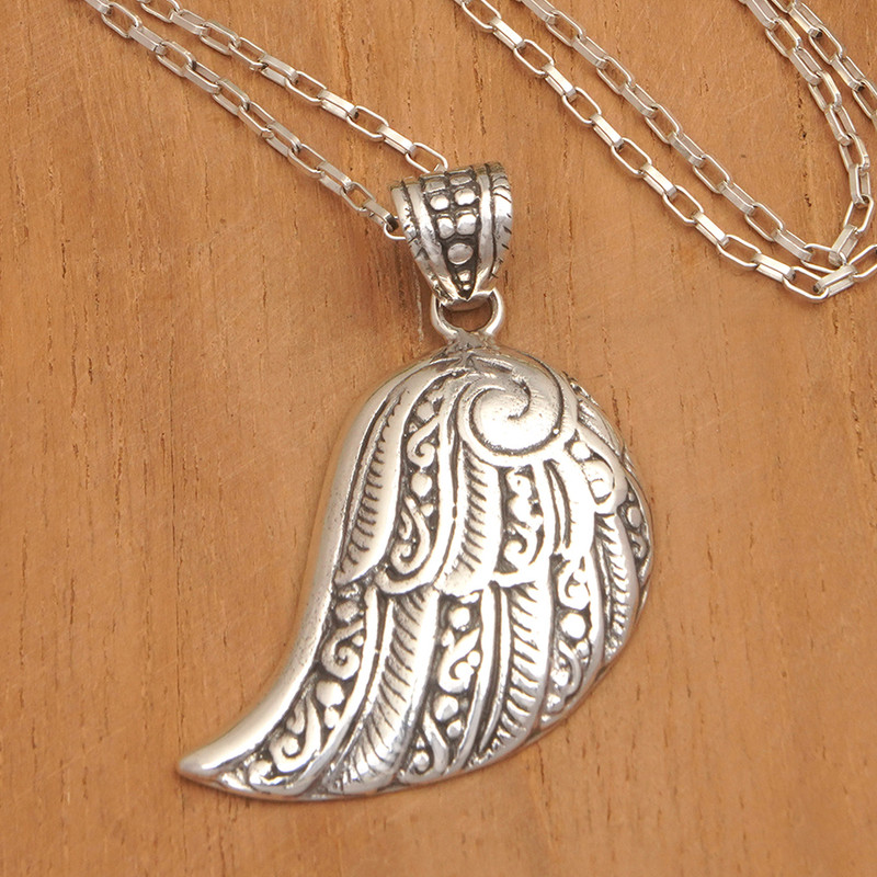 Traditional Polished Sterling Silver Pendant Necklace, "Heavenly Guardian"