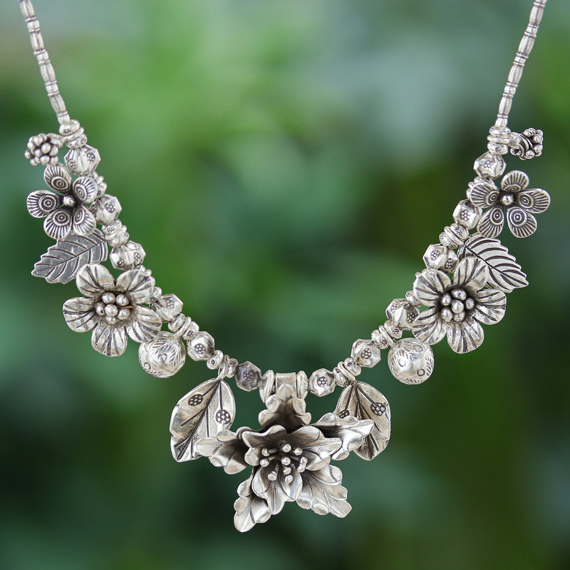 Thai Floral Hill Tribe 950 Silver Beaded Pendant Necklace, "Exuberant Bouquet"