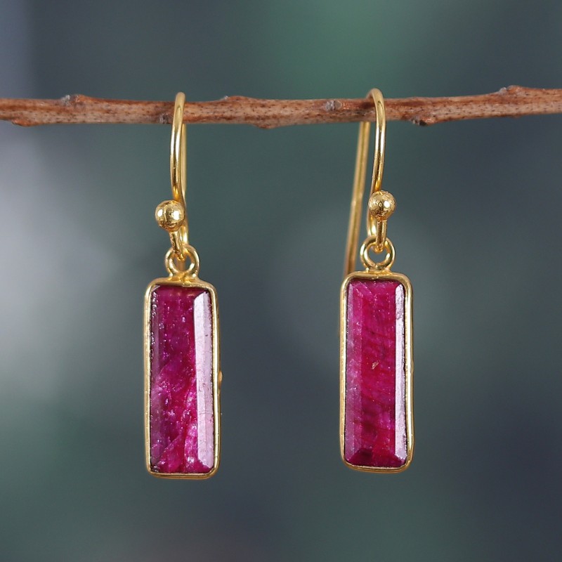 18k Gold-Plated Dangle Earrings with Ruby Gems from India, "Vibrant Glam"