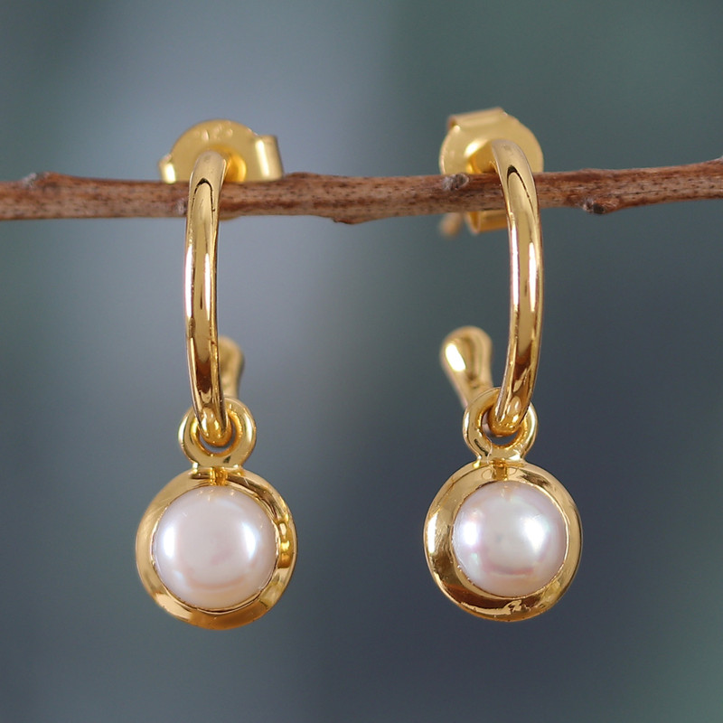 18k Gold-Plated Cultured Pearl Half-Hoop Dangle Earrings, "Eden's Romance"