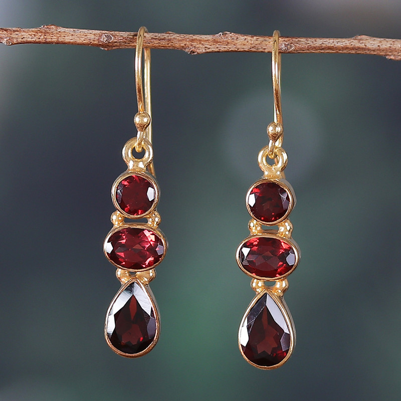 22k Gold-Plated Dangle Earrings with 6-Carat Garnet Gems, "Crimson Dazzle"
