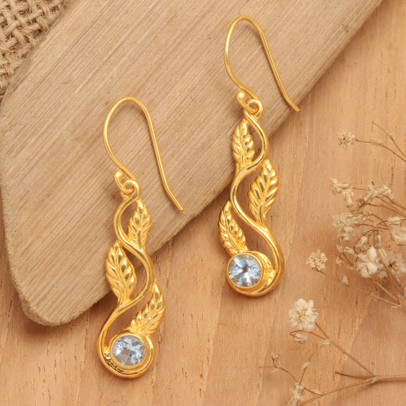 22k Gold-Plated Leafy Blue Topaz Dangle Earrings from Bali, "Vines of Loyalty"