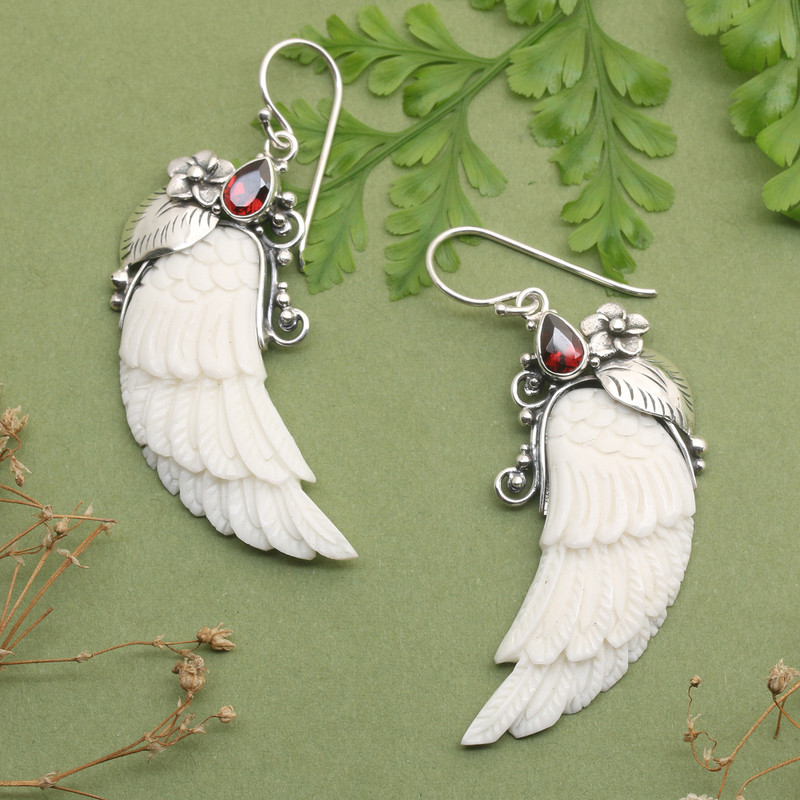 Wing-Shaped Natural Garnet Dangle Earrings from Bali, "Flight in the Passionate Eden"