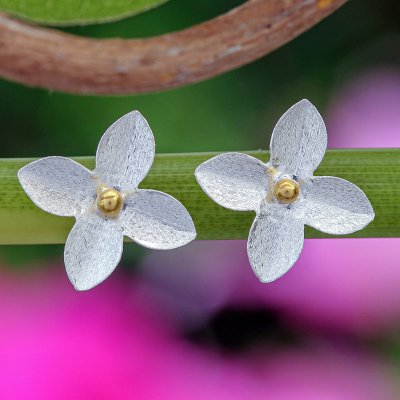 18k Gold-Accented Flower-Shaped Button Earrings, "Grace of Spring"