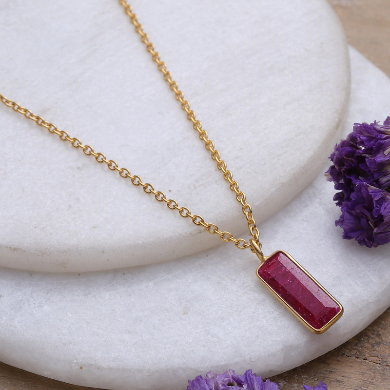 18k Gold-Plated Necklace with Rectangular Ruby Stone Pendant, "Vibrant Glam"