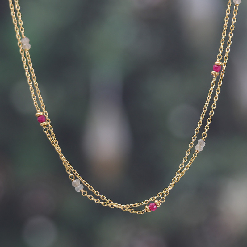 22k Gold-Plated Quartz and Labradorite Station Necklace, "Good Fortune"