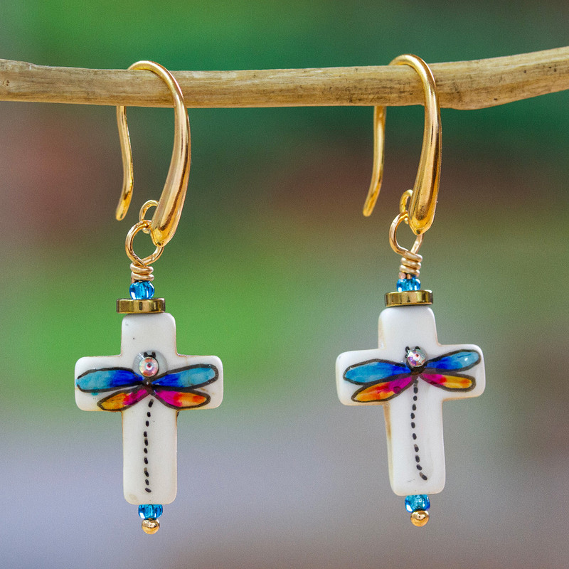 14k Gold-Accented Dragonfly-Themed Howlite Dangle Earrings, "Faith in Change"