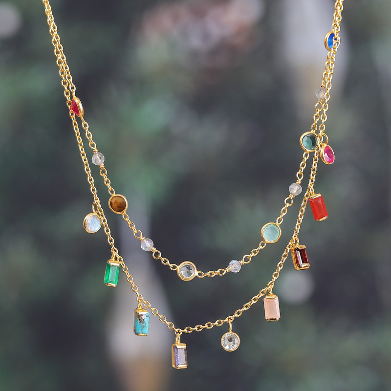 18k Gold-Plated Multi-Gemstone Charm Strand Necklace, "Genesis"