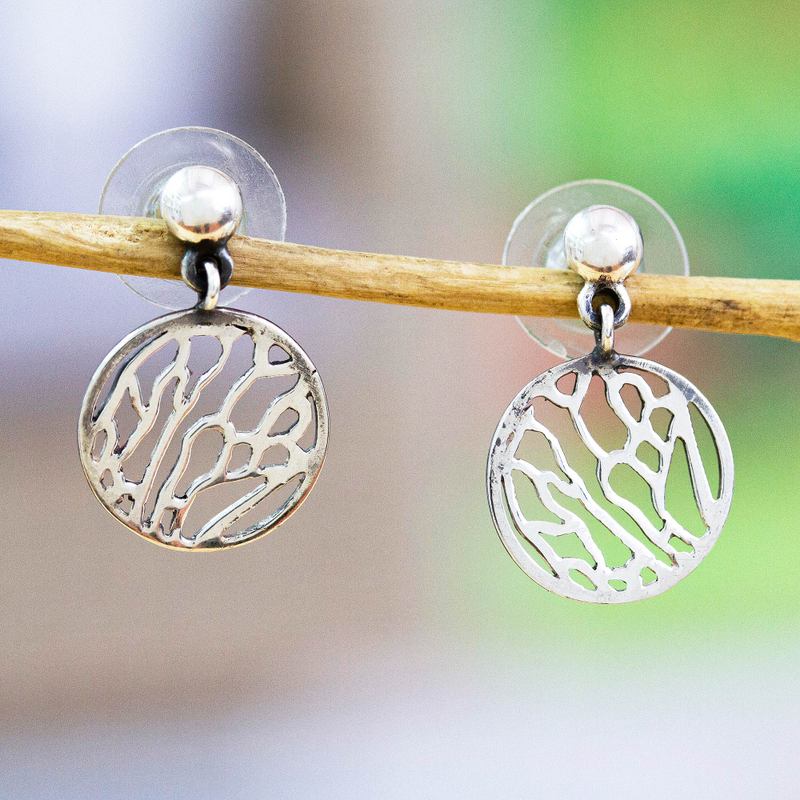 Wing-Patterned Round Sterling Silver Dangle Earrings, "Fluttering Soul"