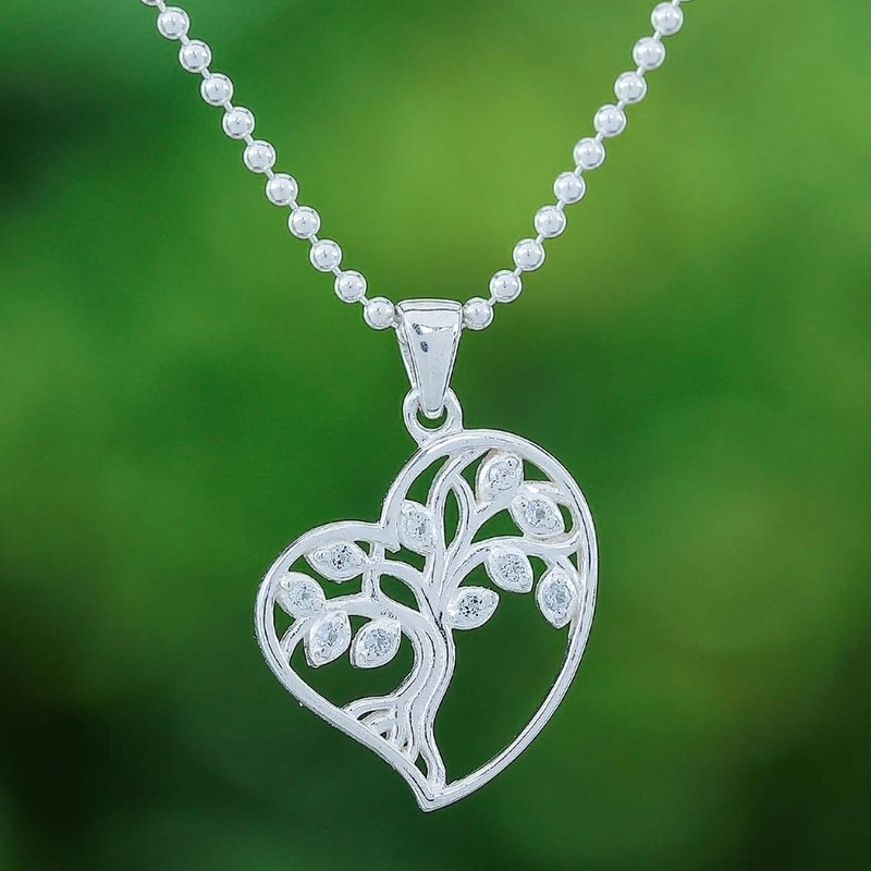 White Topaz Heart and Tree of Life-Themed Pendant Necklace, "Sparkling Heart Tree"