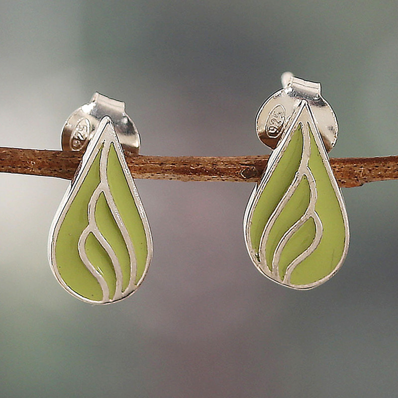 Spring-Themed Leaf-Shaped Green Button Earrings, "Primaveral Leaves"