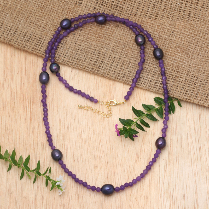18k Gold-Accented Amethyst and Purple Pearl Beaded Necklace, "Purple Sweets"