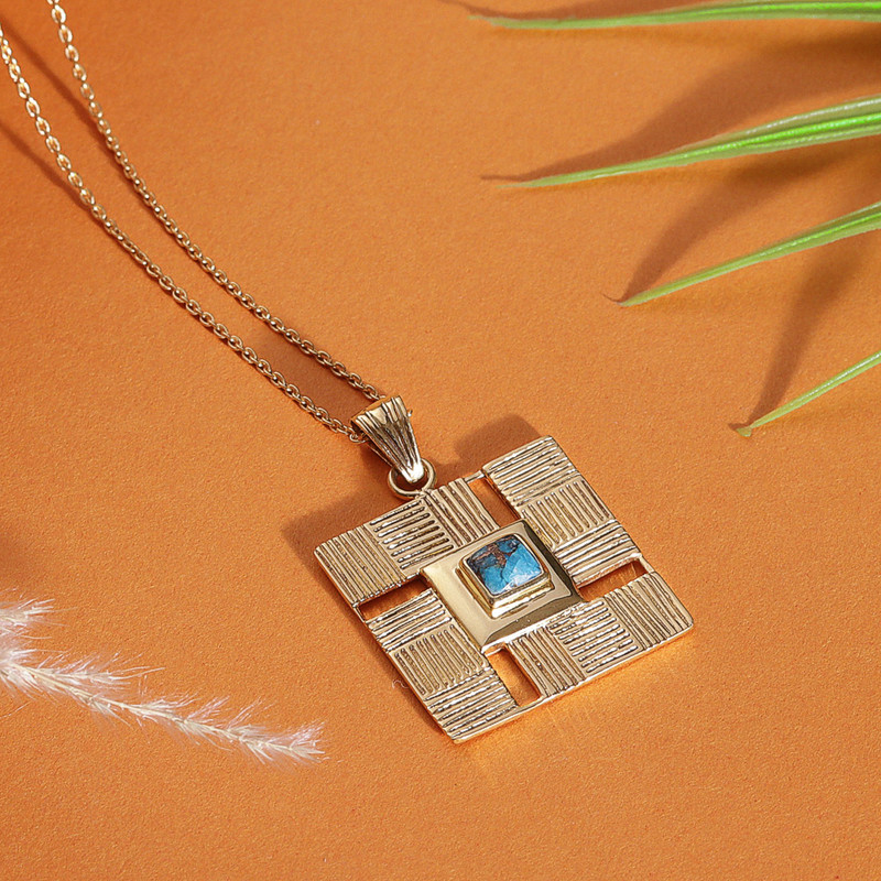 Traditional Geometric Recon Turquoise Brass Pendant Necklace, "Paths to Serenity"
