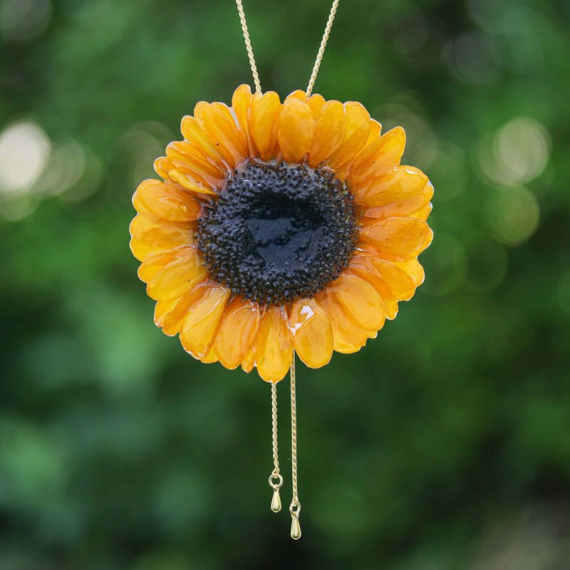 22k Gold-Plated Resin-Coated Sunflower Bloom Lariat Necklace, "Sunflower Era"